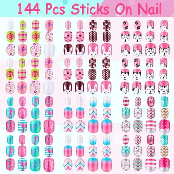 Colorful Press-On Nails for Kids - 144 Pcs Short Fake Nails