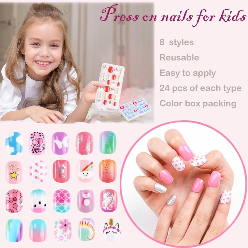 Colorful Unicorn Press-On Nails Set for Girls, 192PCS