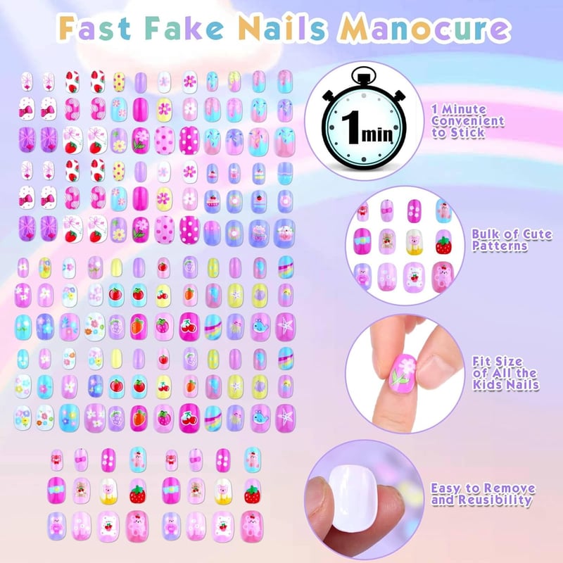 Kids' Press-On Nails Set - 168 Pcs Pre-Glued Acrylic Art