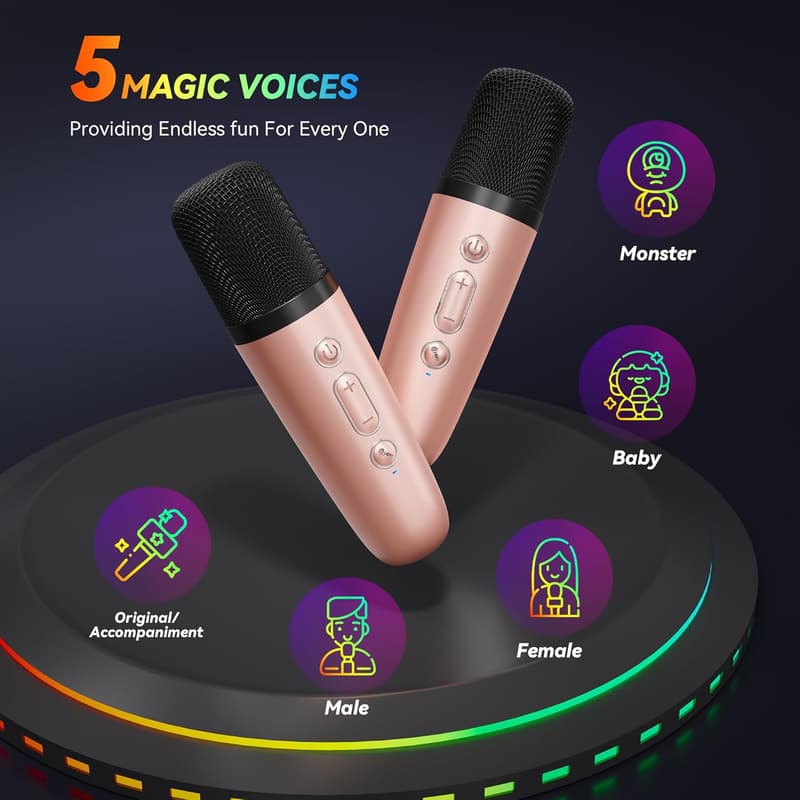 Portable Bluetooth Karaoke Machine with 2 Wireless Mics - Rose Gold