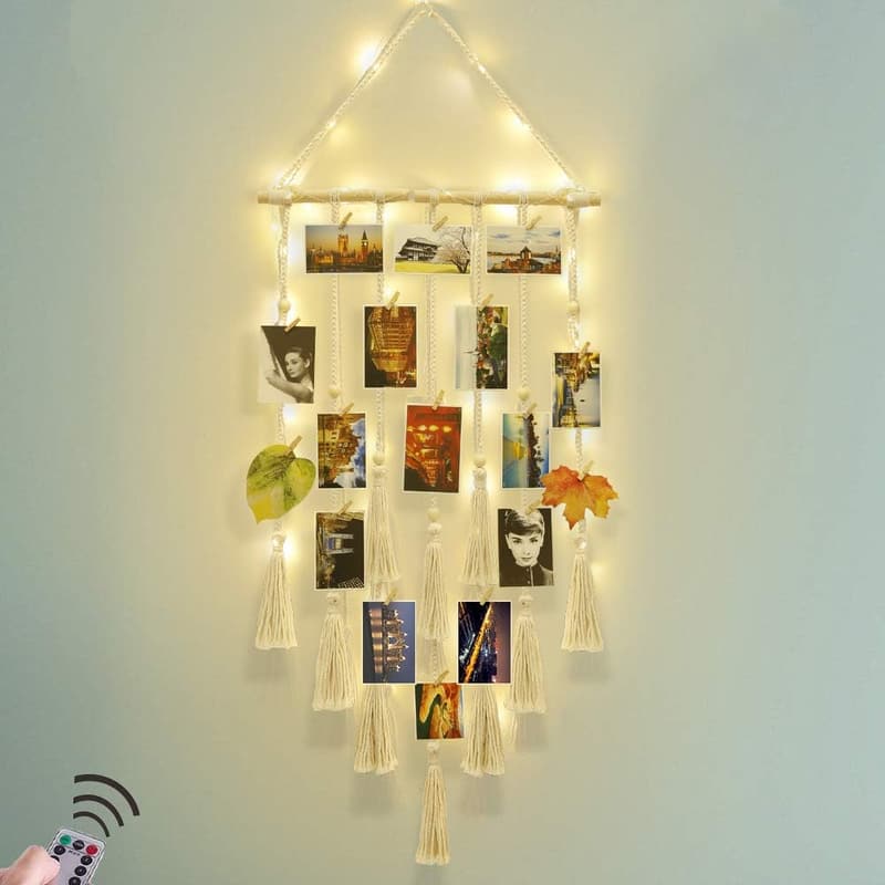 Christmas Macrame Photo Display Wall Decor with Lights for Teens