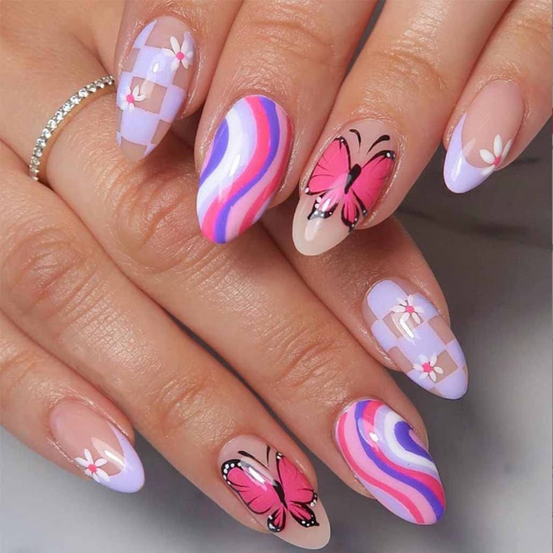 Pink Butterfly Press-On Nails for Women - 24 pcs Acrylic Set
