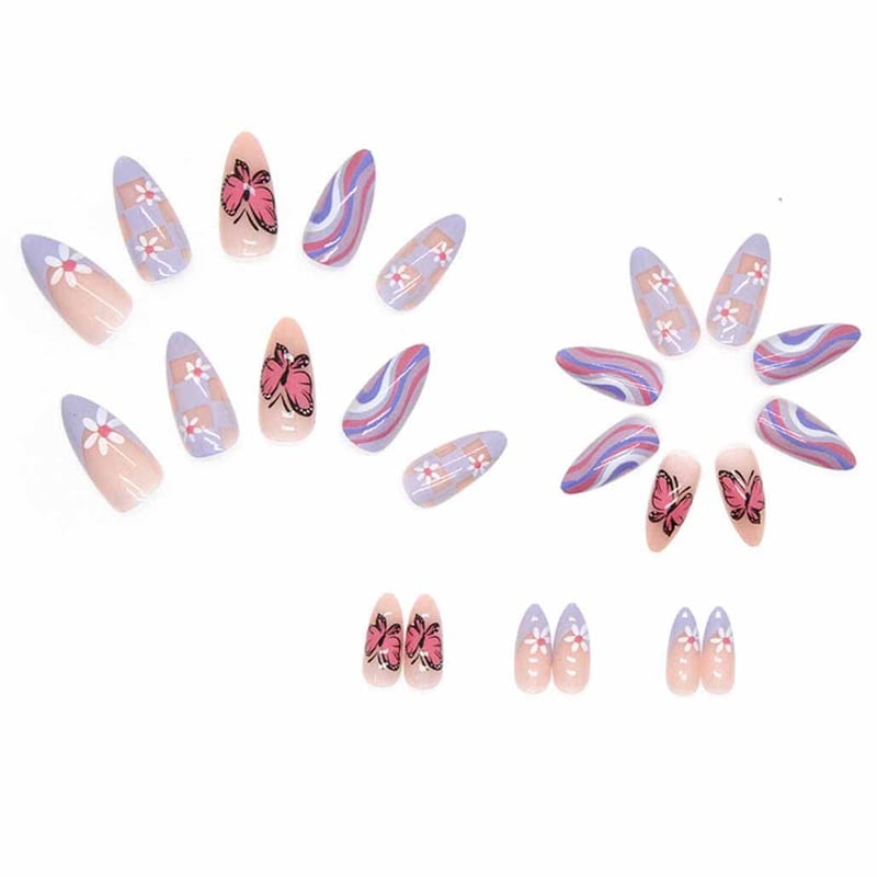 Pink Butterfly Press-On Nails for Women - 24 pcs Acrylic Set