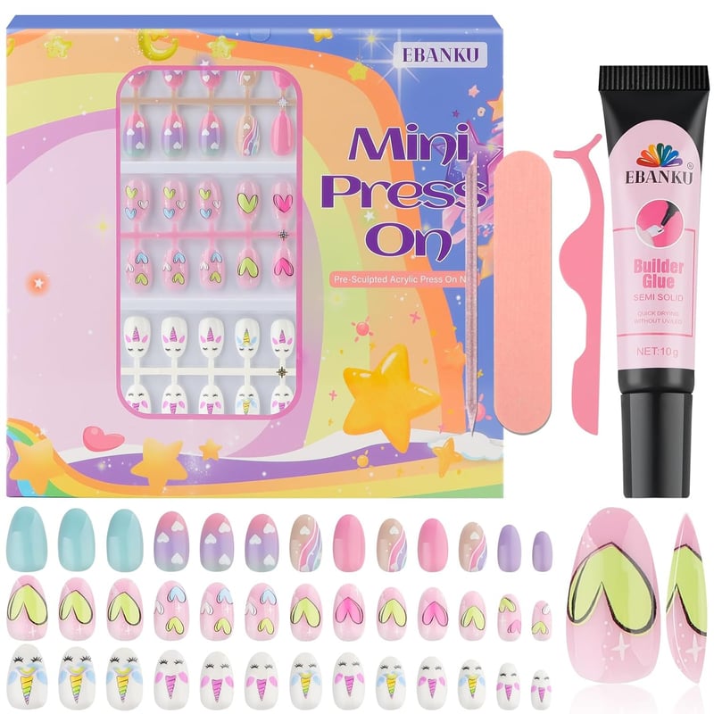 Kids' Colorful Heart Press-On Nails Set with Adhesives