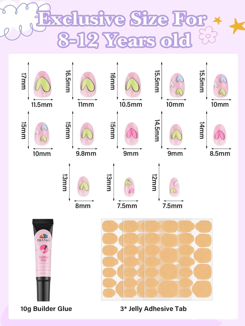 Kids' Colorful Heart Press-On Nails Set with Adhesives