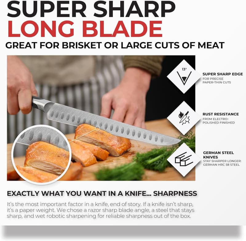 10-Inch Brisket Carving Knife - German Steel, Hollow Edge