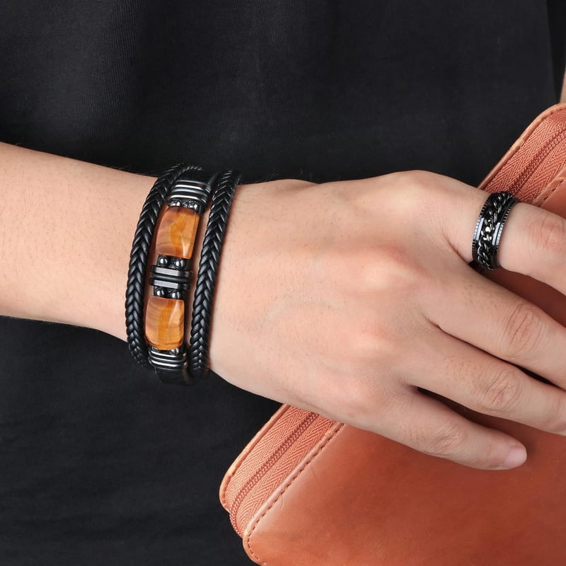 Father's Day Tigers Eye Leather Bracelet for Men