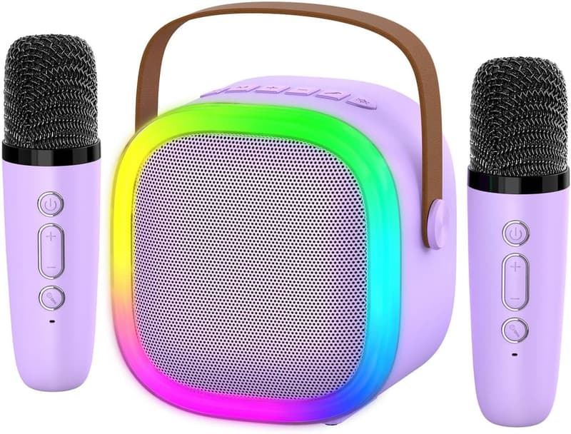 Portable Karaoke Machine with 2 Wireless Microphones & LED Lights