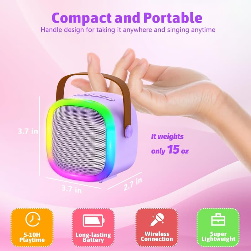 Portable Karaoke Machine with 2 Wireless Microphones & LED Lights