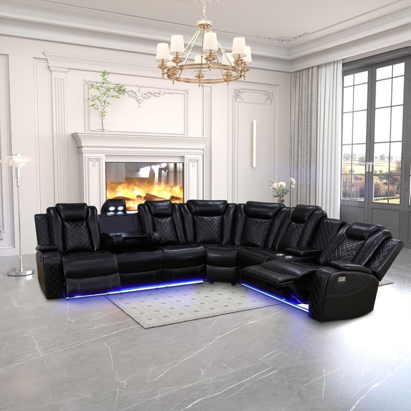 Power Reclining Leather Sectional Sofa with USB & LED, Black