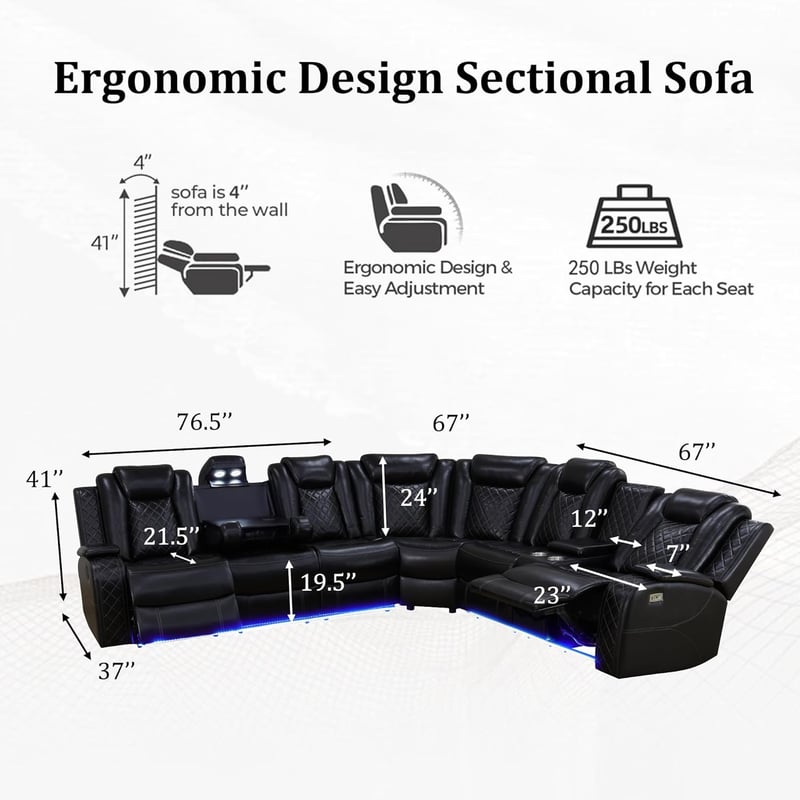 Power Reclining Leather Sectional Sofa with USB & LED, Black