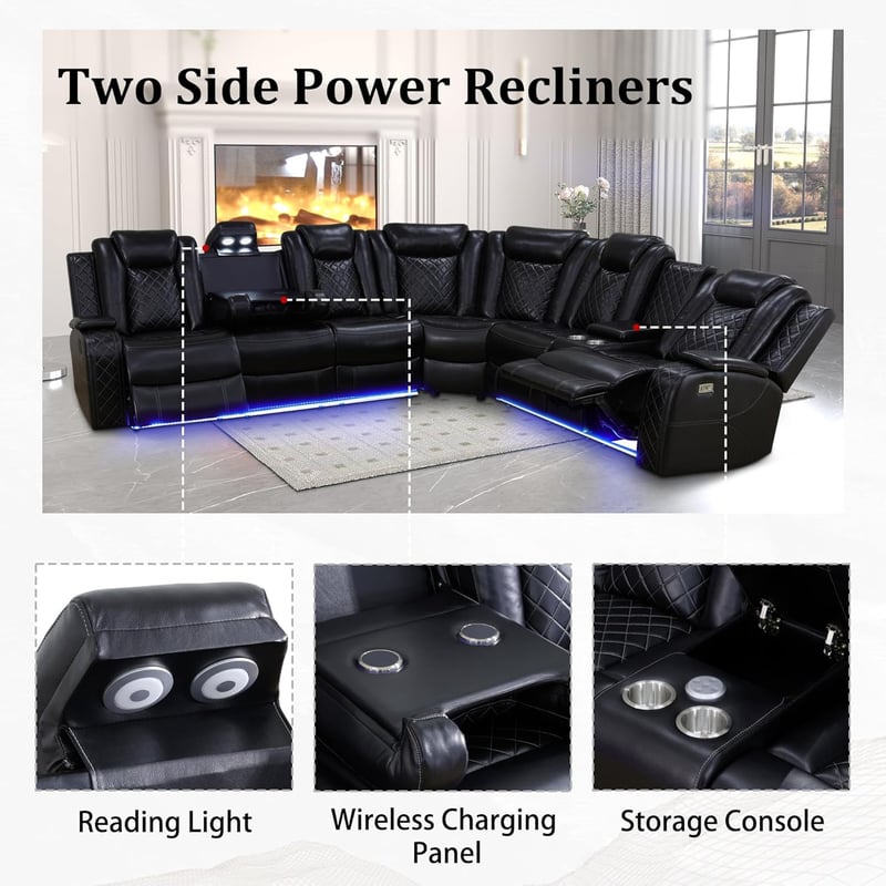 Power Reclining Leather Sectional Sofa with USB & LED, Black