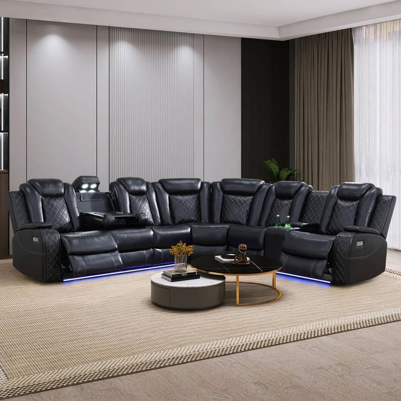 Black Leather Power Reclining Sectional Sofa with LED Light