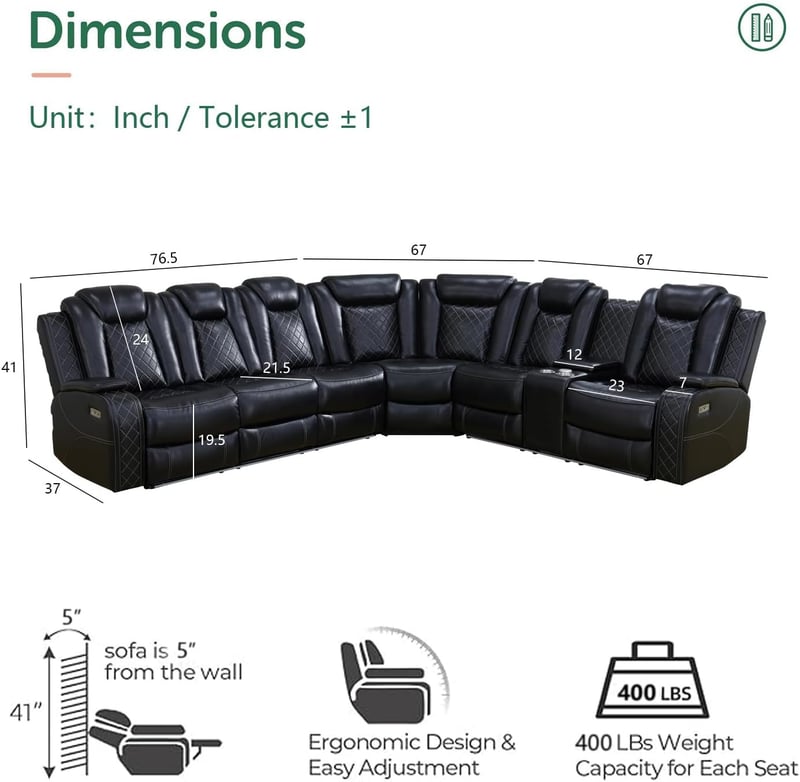 Black Leather Power Reclining Sectional Sofa with LED Light