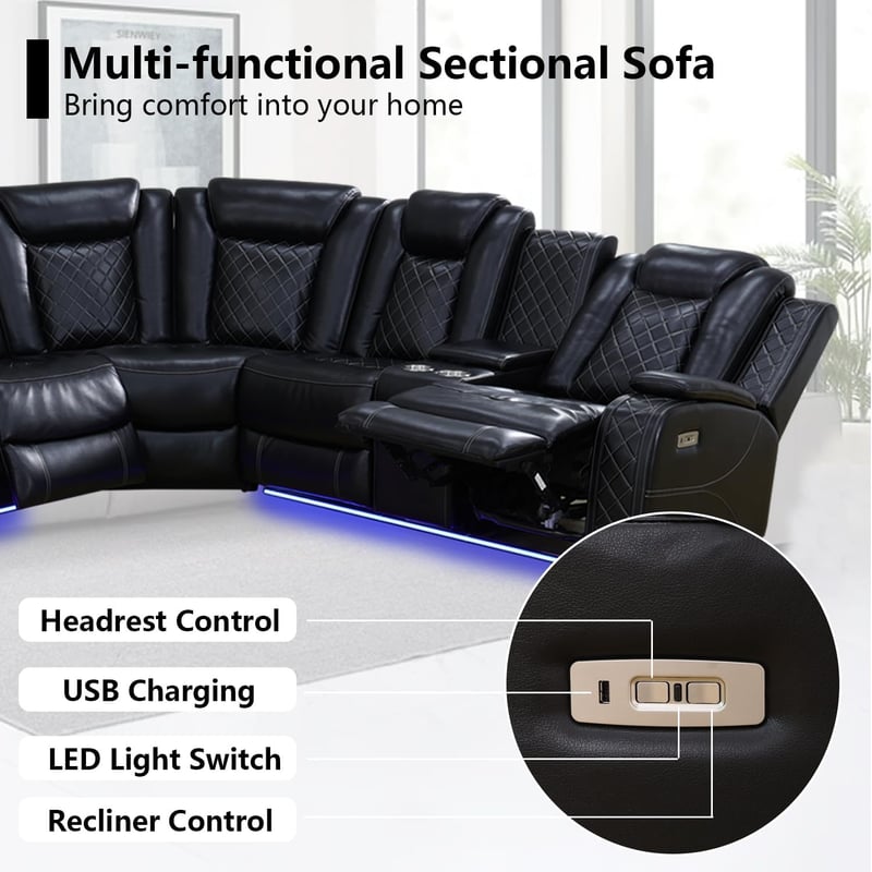 Black Leather Power Reclining Sectional Sofa with LED Light