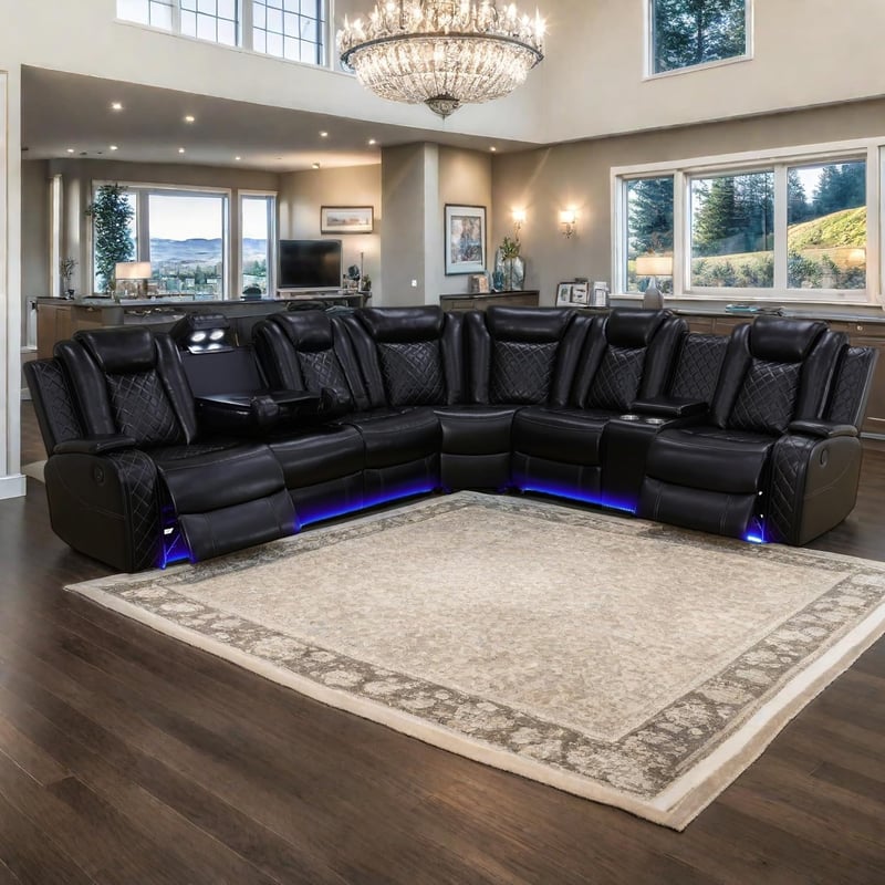 LED Light Power Recliner Sectional Sofa with Cup Holders