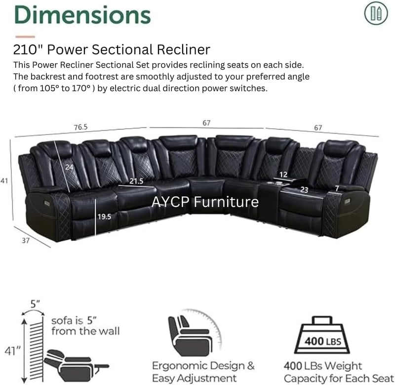 LED Light Power Recliner Sectional Sofa with Cup Holders