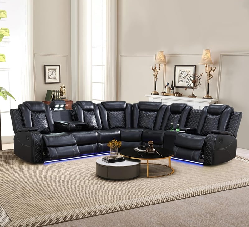 LED Power Recliner Sectional Sofa with USB Port & Storage - Black