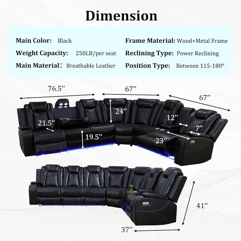 LED Power Recliner Sectional Sofa with USB Port & Storage - Black