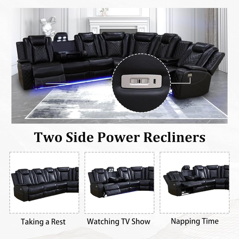 LED Power Recliner Sectional Sofa with USB Port & Storage - Black