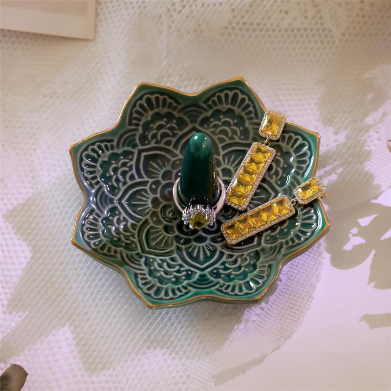 Green Ceramic Mandala Jewelry Dish - Ideal Wedding Gift for Women