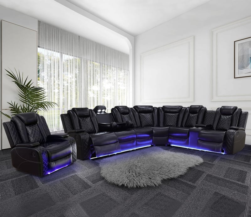 Leather Power Recliner Sectional Sofa with LED Lights & Cup Holders