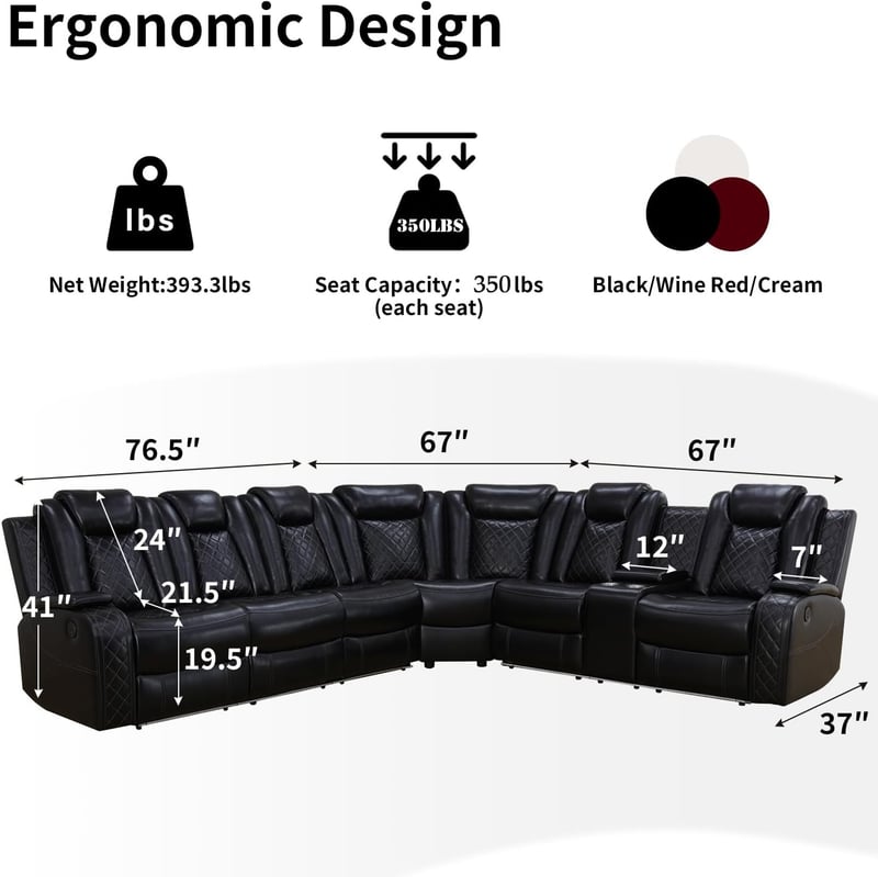 Black Leather Power Recliner Sectional Sofa with LED & Storage