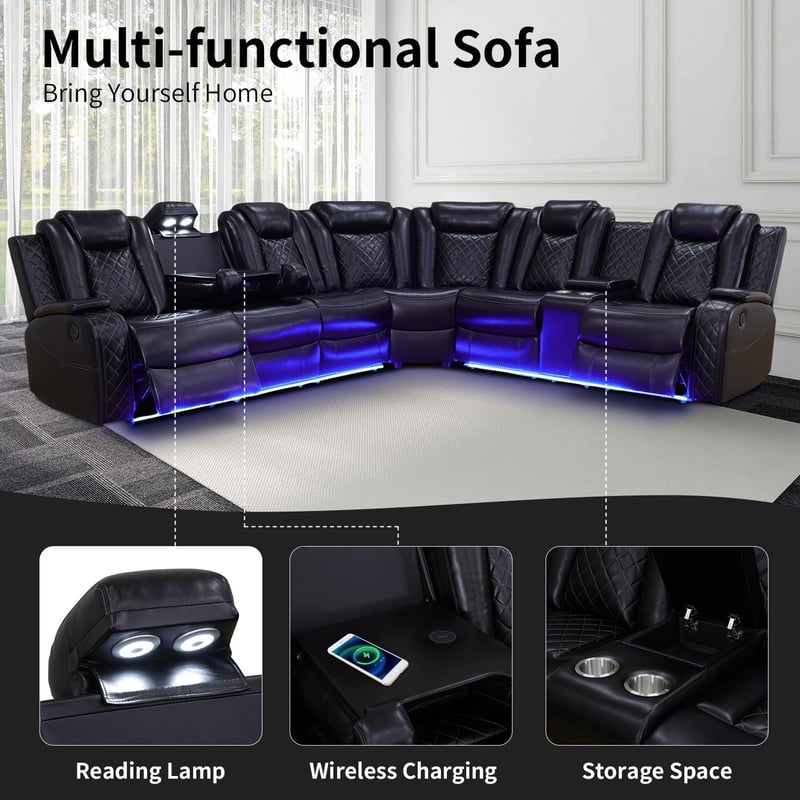 Leather Power Recliner Sectional Sofa with LED Lights & Cup Holders
