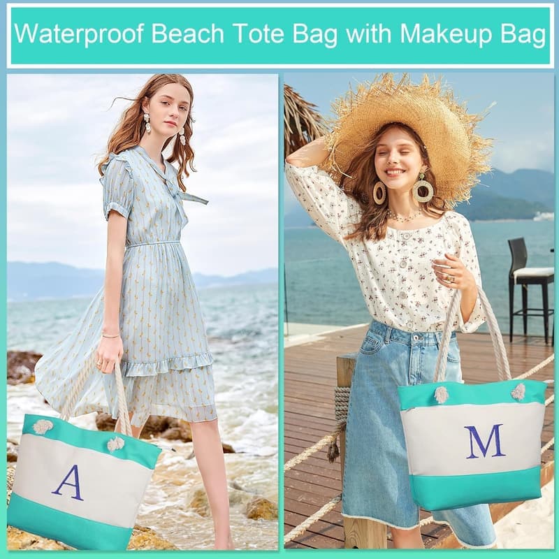Birthday Gift - Women's Initial Canvas Tote with Makeup Bag