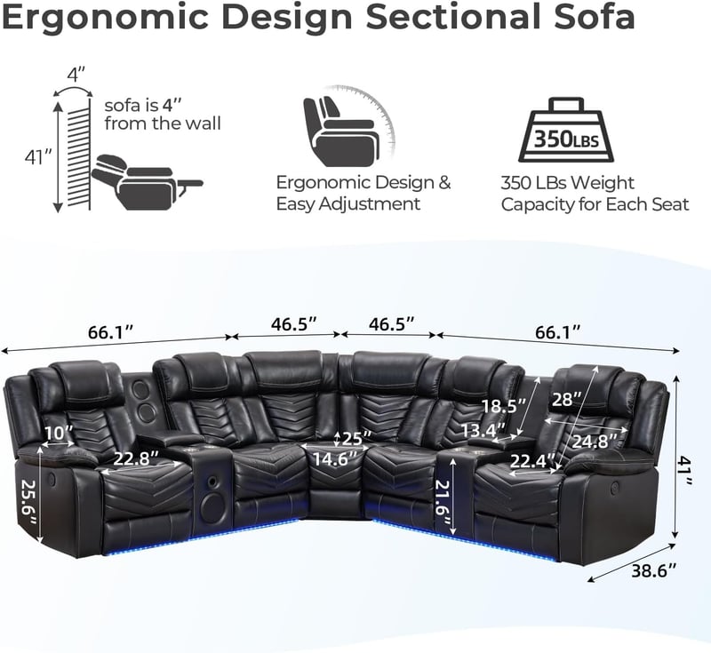 Electric Power Recliner Sectional Sofa with Bass Speakers and LED Light