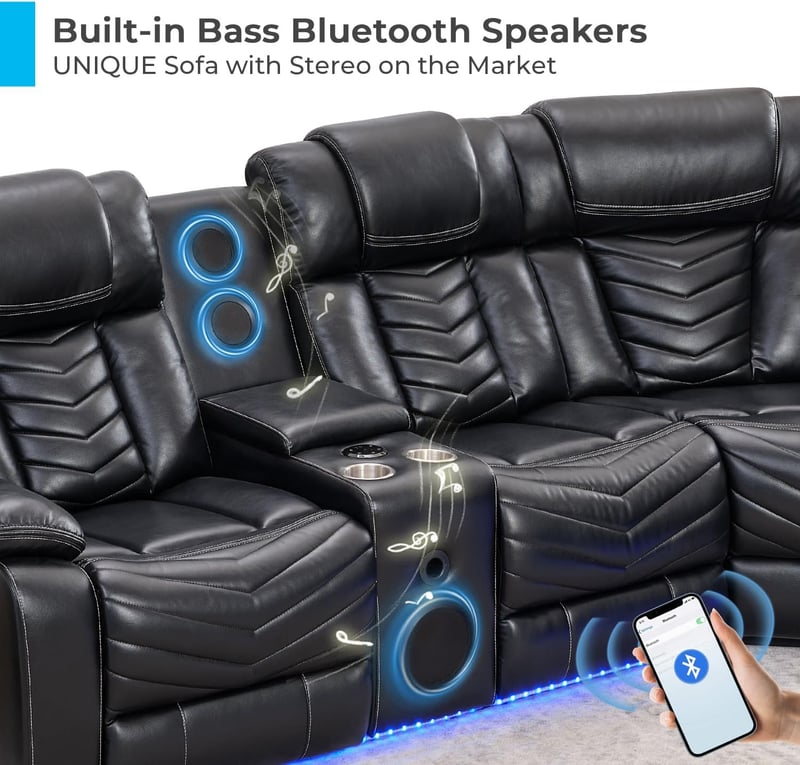 Electric Power Recliner Sectional Sofa with Bass Speakers and LED Light