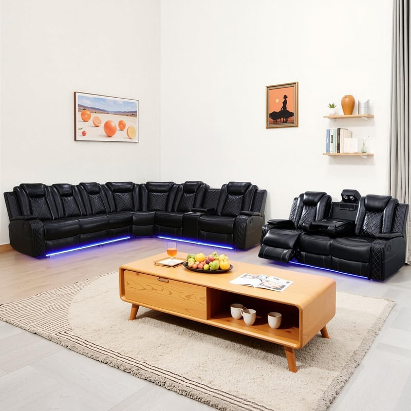 Black Leather Power Recliner Sectional Sofa Set with LED Lights