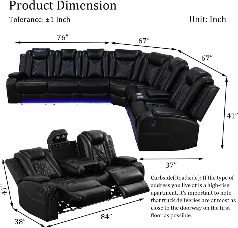 Black Leather Power Recliner Sectional Sofa Set with LED Lights