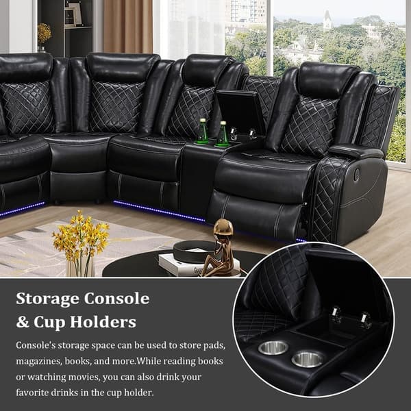 Black Leather Power Recliner Sectional Sofa Set with LED Lights