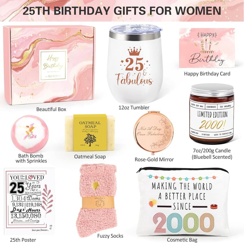 25th Birthday Gift Basket for Women - 9 PCS Collection