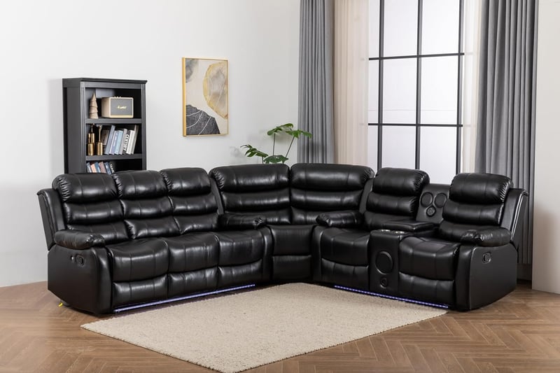 Modern Faux Leather Reclining Sectional Sofa with LED, USB, Sound System
