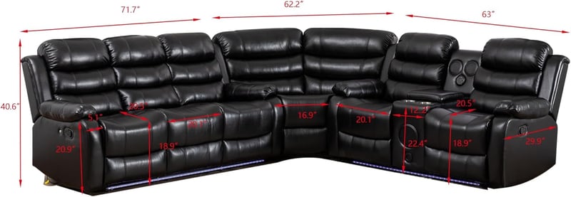 Modern Faux Leather Reclining Sectional Sofa with LED, USB, Sound System