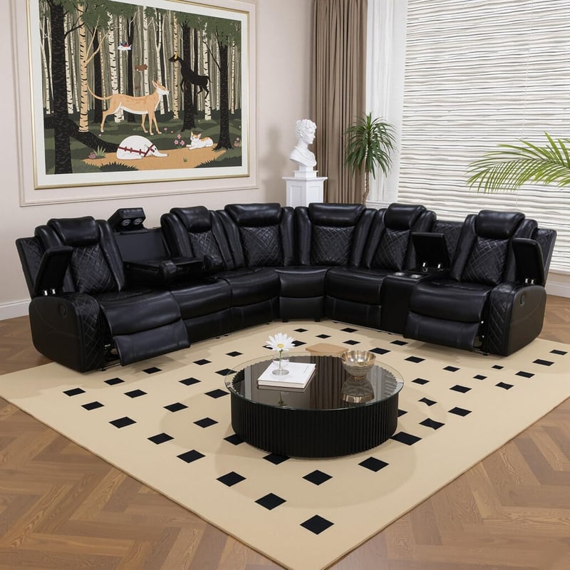 LED Recliner Sectional Sofa with Wireless Charger & Cup Holder