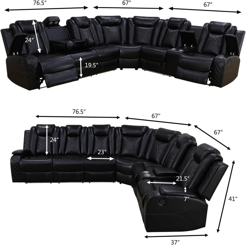 LED Recliner Sectional Sofa with Wireless Charger & Cup Holder
