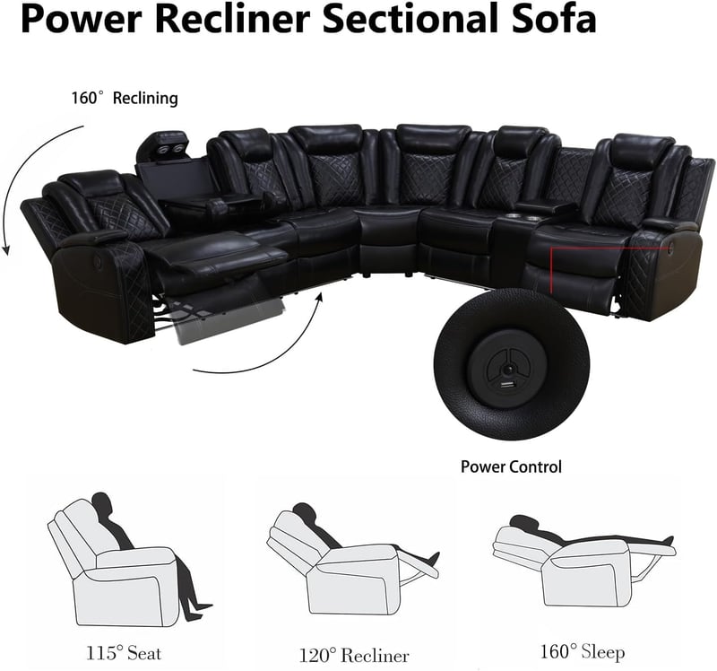 LED Recliner Sectional Sofa with Wireless Charger & Cup Holder