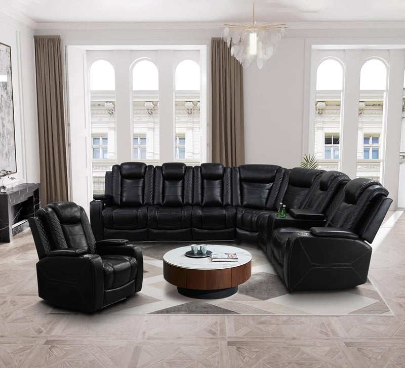 LED Leather Recliner Sectional Sofa Set with USB Ports - Black
