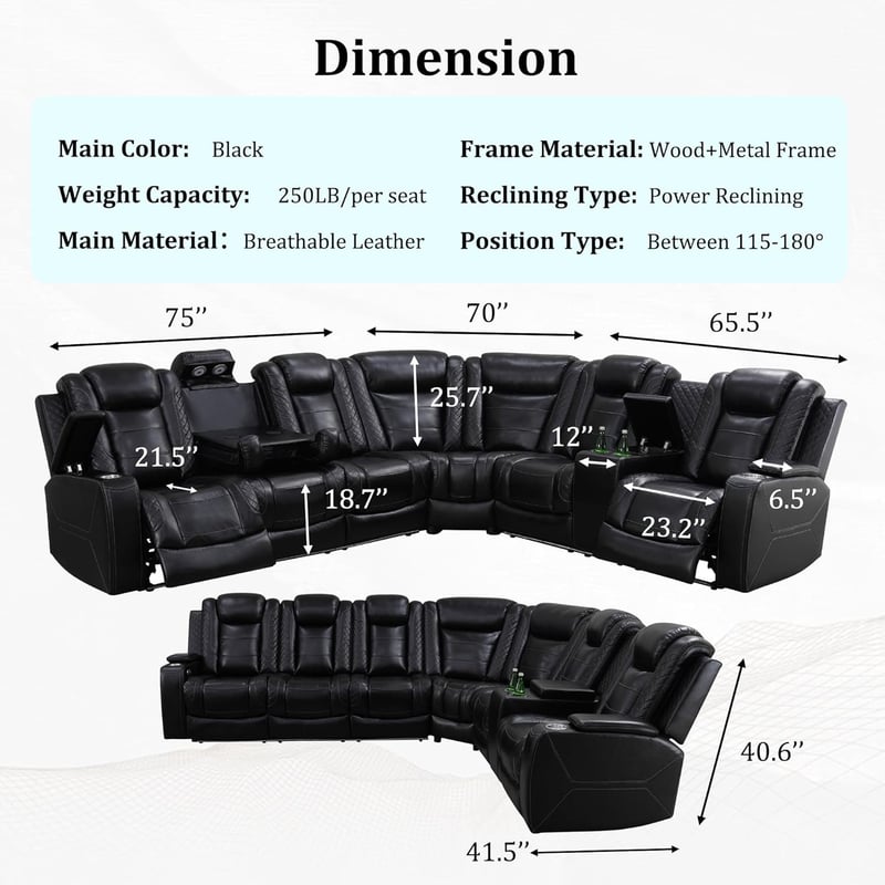LED Leather Recliner Sectional Sofa Set with USB Ports - Black