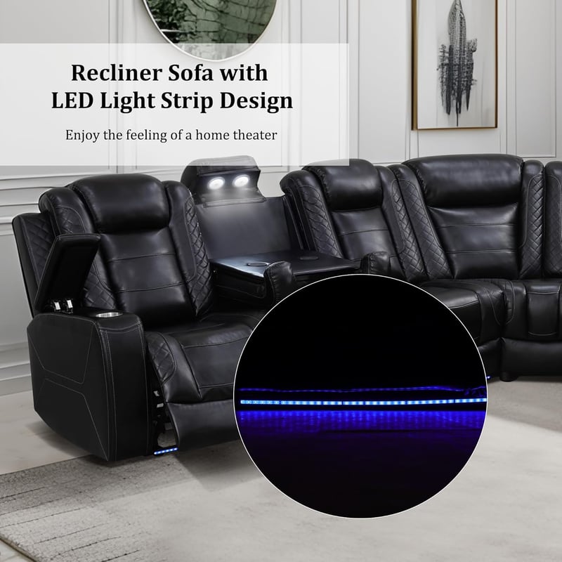 LED Leather Recliner Sectional Sofa Set with USB Ports - Black