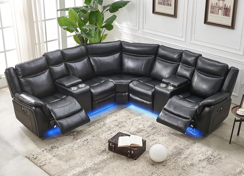 L-Shaped Faux Leather Reclining Sectional Sofa with USB & Cup Holders