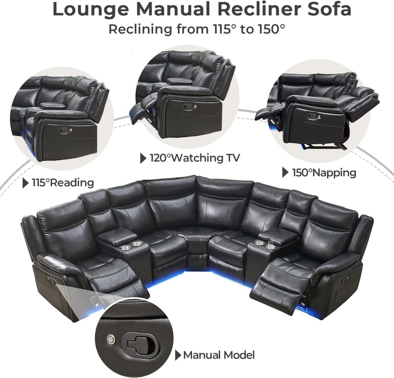 L-Shaped Faux Leather Reclining Sectional Sofa with USB & Cup Holders
