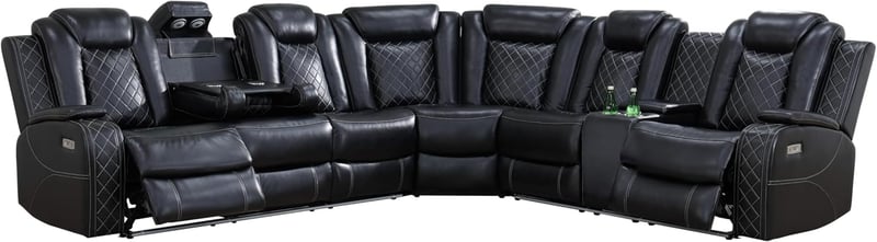 Black Power Recliner Sectional with LED Lights and USB Charging