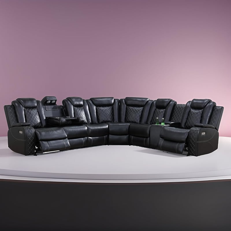 Black Power Recliner Sectional with LED Lights and USB Charging