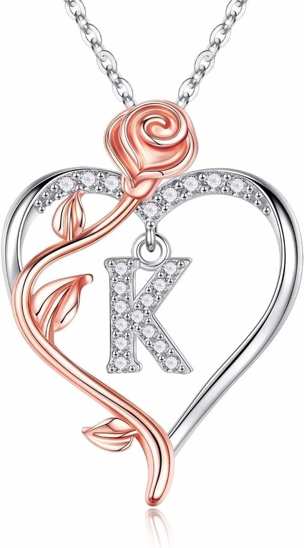 925 Sterling Silver Rose Heart Initial Necklace for Women