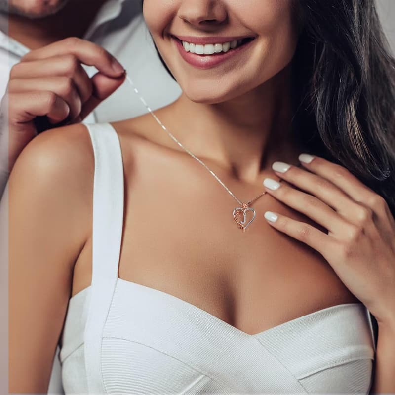 925 Sterling Silver Rose Heart Initial Necklace for Women