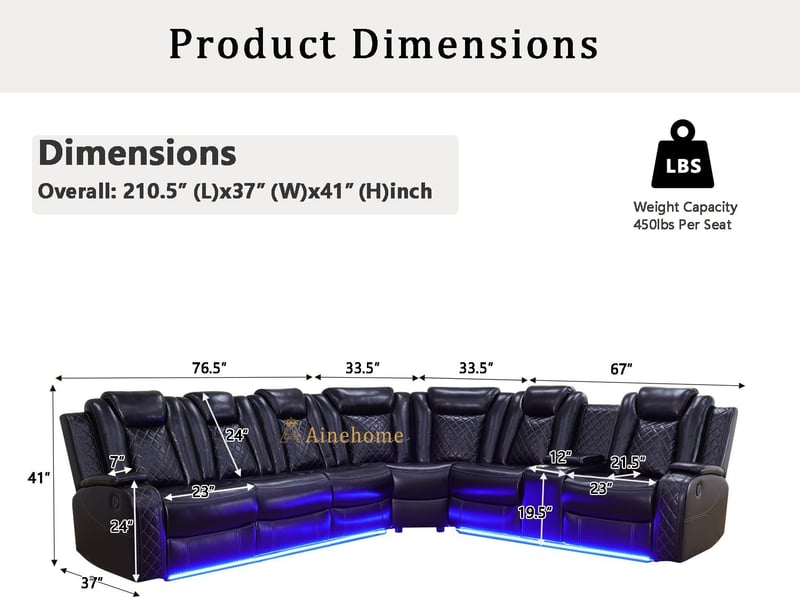 Leather Power Recliner Sectional Sofa Set with LED Lights and Storage